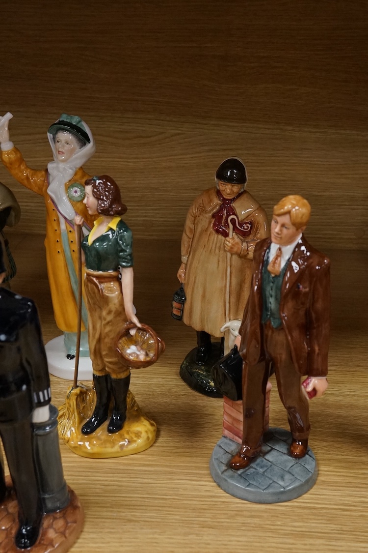 A collection of Royal Doulton figures to include The Old Balloon Seller, Doctor, Votes for Women and The Detective